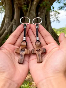 Premium Walnut Wood Cross Keychain, Beautiful Heart Pattern, Adjustable Metal Buckle, Car Key Accessory, Backpack Pendant, Gift, Wooden Keychain