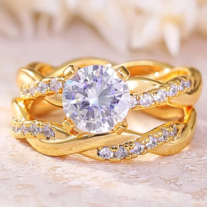 Couple Twisted Band Wedding Ring Set, 4 Prong Solitaire CZ Promise Rings For Him Her, Gold Silver Two Tone Anniversary Engagement Jewelry Gift