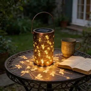 Vintage Solar Outdoor Hanging Lamp, Metal Hollow LED Projection Lantern, Waterproof Dragonfly Style Decorative Solar Light