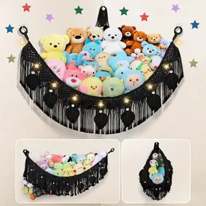 Stuffed Animal Storage Hammock Corner 56'' Jumbo Boho Macrame Leaf Hanging Stuff Animal Holder for Teddy Plushie Black Stuffed Animal Net Toy Storage w Star Lights for Baby Girl Boy Gift