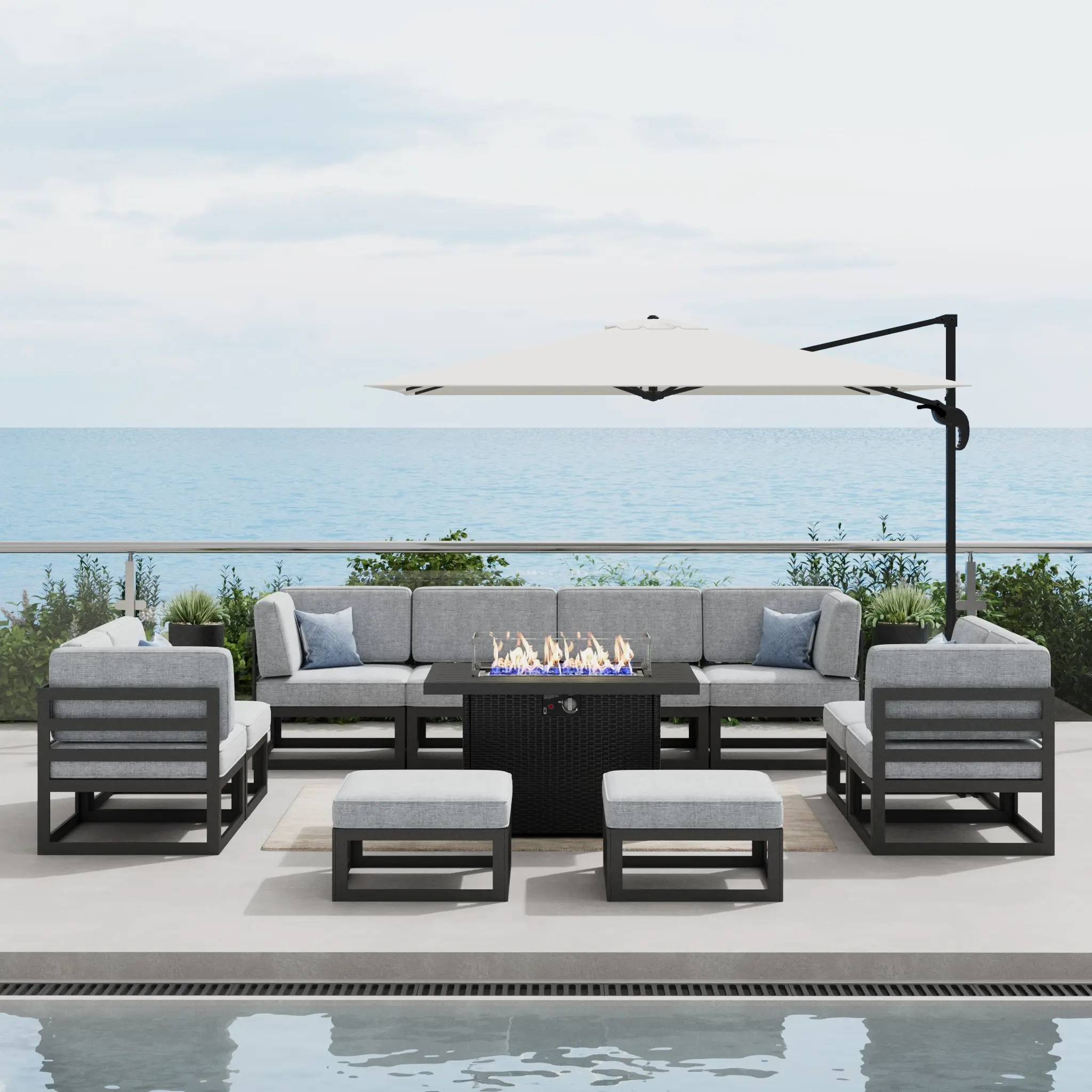 LayinSun Large Aluminum Patio Furniture Set with Fire Pit Table, 11 Piece Modern Outdoor Conversation Set Sectional Metal Sofa Set with Olefin Cushion, Multiple Packages