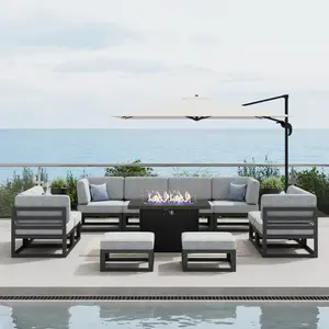 LayinSun Large Aluminum Patio Furniture Set with Fire Pit Table, 11 Piece Modern Outdoor Conversation Set Sectional Metal Sofa Set with Olefin Cushion, Multiple Packages