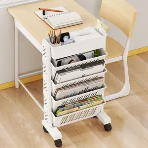 Mobile White Desk Side Document Rack, Inclined Insert Design with 4+1 Pen Box & Tissue Box Set, Table Organizers, Stationery Storage Organizer, Equipped with Universal Wheels, Stable & Non-Shaking, Perfect for Classroom, Office & Archive Room