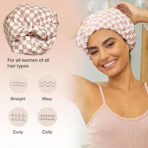 Luxury 3-Layer Waterproof Shower Cap – Faux Silk Lining, Thick Grid Design, High-End Hair Protection Cap for Bath & Beauty Care!