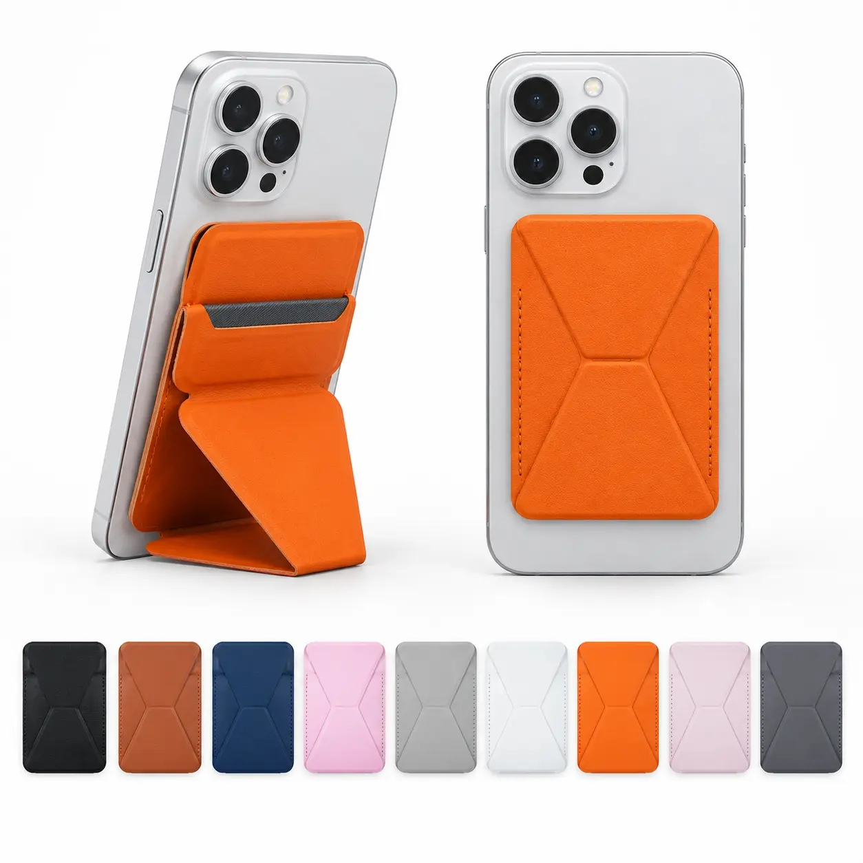 Quriov Magnetic Card Holder Wallet with Hidden Kickstand, Faux Leather Phone Grip Stand for MagSafe iPhone & Magnetic Cases, Adhesive Ring Included