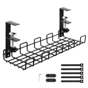 Under Desk Wire Storage Basket, 1 Count Metal Shelf with 2 Silicone Wire Cutters & 5 Velcro, Space Saving Organizer for Home Office, Racks