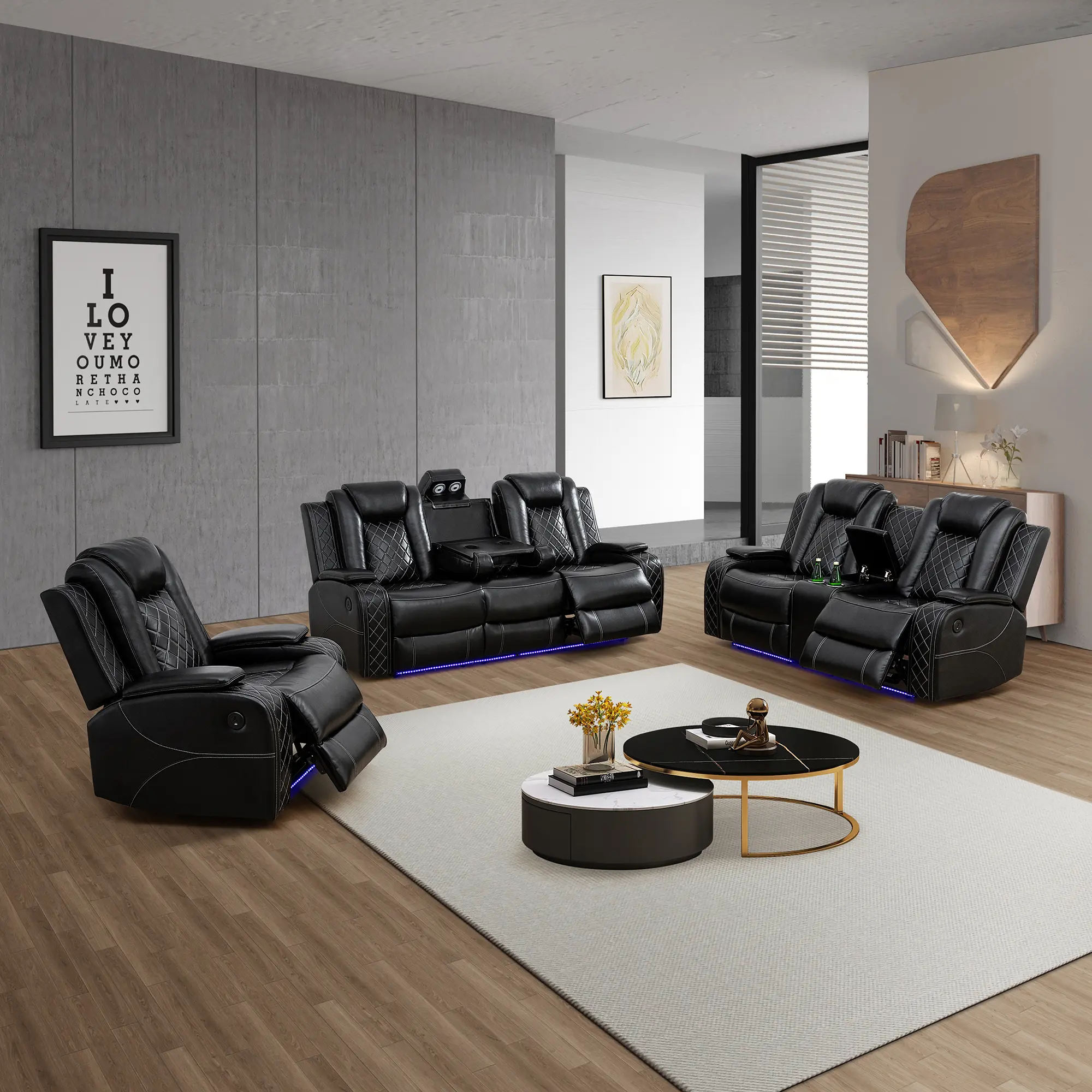 3-Piece Black Breathable Faux Leather Power Recliner Sofa Set, Diamond Quilted Reclining Furniture Set Including Single Chair, 2-Seat Loveseat & 3-Seat Sofa with Drop-Down Center Console, Cup Holders & Side Storage Trays for Living Room Home