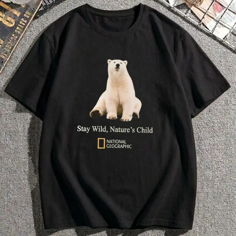 National Geographic Polar Bear T-Shirt, Stay Wild Nature’s Child Graphic Tee, Vintage Arctic Wildlife Shirt, Animal Lover Tee