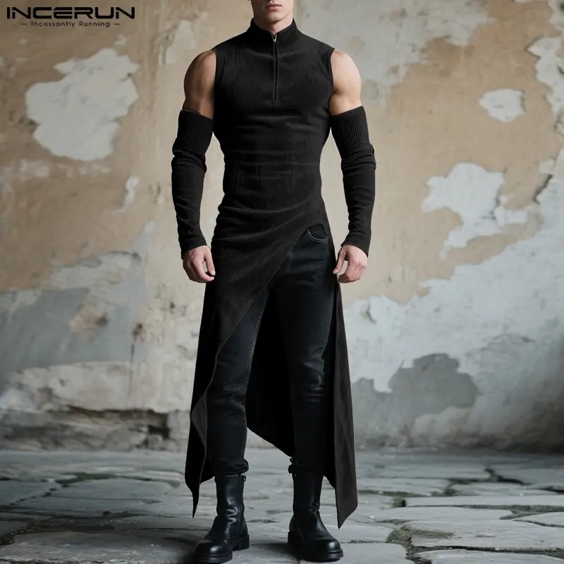 INCERUN Men's Simple Polyester Fabric T-Shirt - Deconstructed Modern Basics, Casual Streetwear Top for Daily Wear Menswear, Tshirt