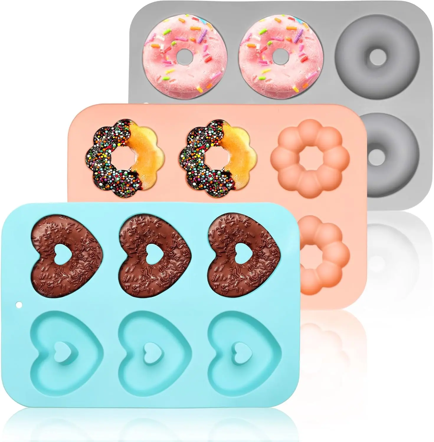 3 Pack Silicone Donut Pan Molds for Baking, 6 Cavity (Gray, Pink, Blue) | Bettoor Different Designs, Non-stick Doughnut Tray for Donut, Muffin, Cupcake, Bagel Making
