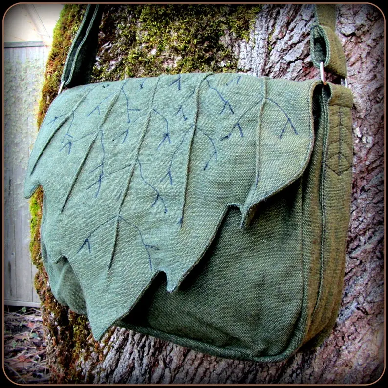 Cottagecore Leaf Bag Purse - Green Cotton Canvas Messenger School Book Bag for Zelda Cosplay LARP Renaissance Fair Festival Elf Garb