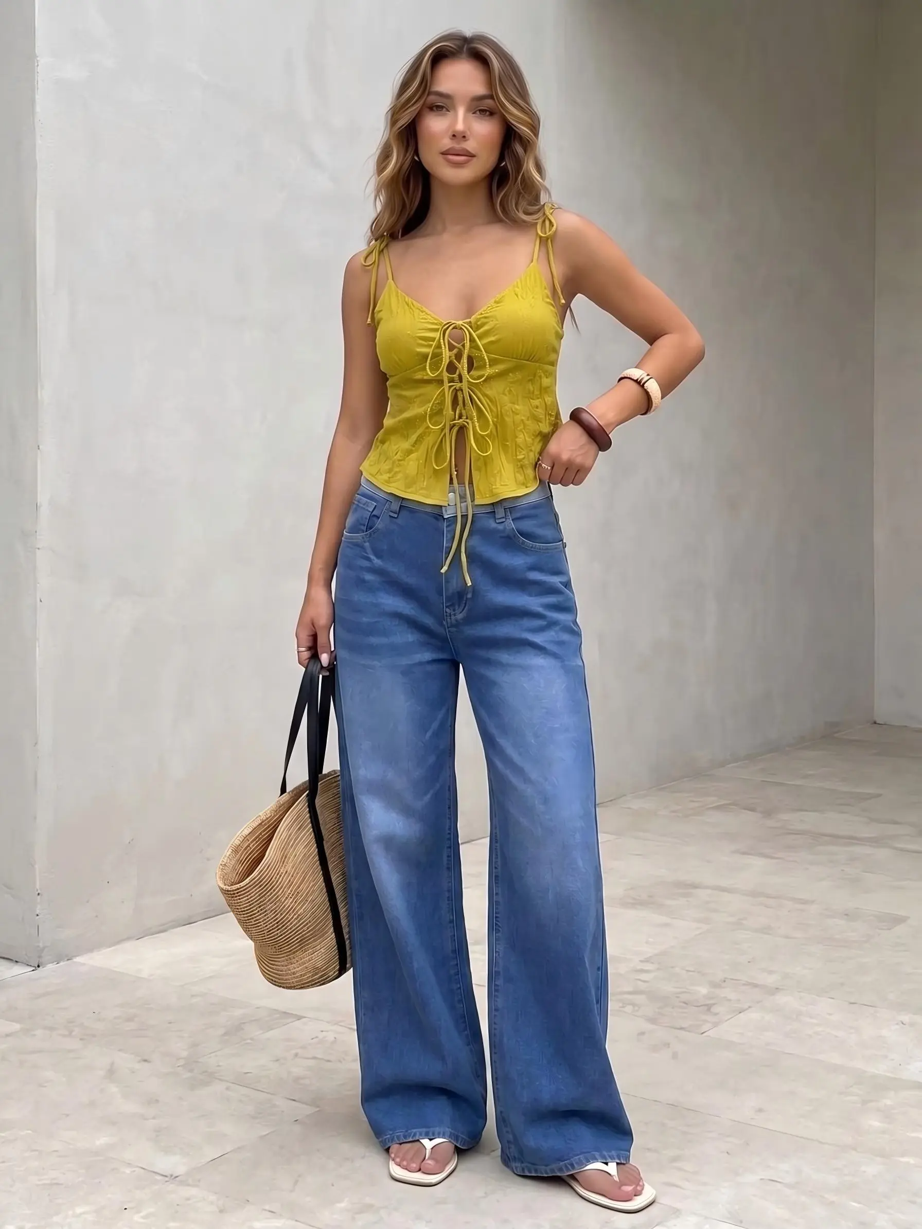Women's High Waist Wide Leg Jeans - Classic Fit, Lightweight Denim, Baggy Loose Bottoms, Minimalist Clothes, Blue, Ideal for Casual Everyday Use