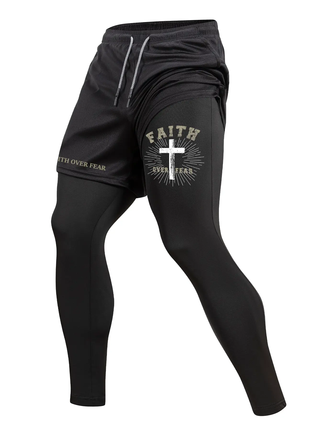 Men's Letter Cross Printed Sporty 2 in 1 Compression Pants, Quick Dry Athletic Sports Baselayer, Quick Dry Leggings, Gym Sportswear Bottoms, Fitness Gymwear, Spring & Fall Gym Workout Fitness Running Tights with Phone Pocket, Zipper Pocket, Towel Loop