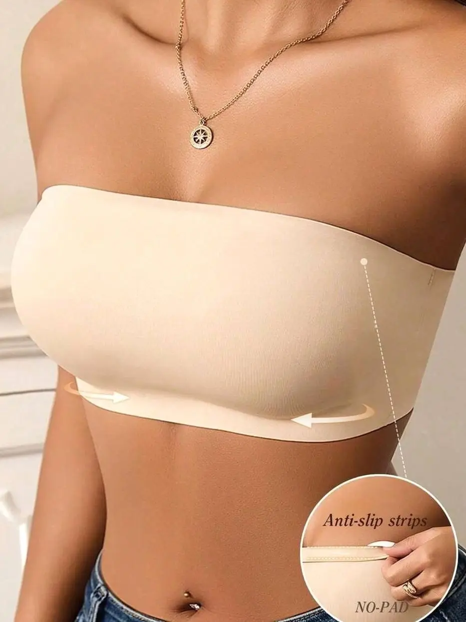 Women's Seamless Strapless Bra | Wireless Anti-Slip Unpadded Tube Top | Soft Breathable Beige Bandeau Bra for Strapless Dresses & Tops