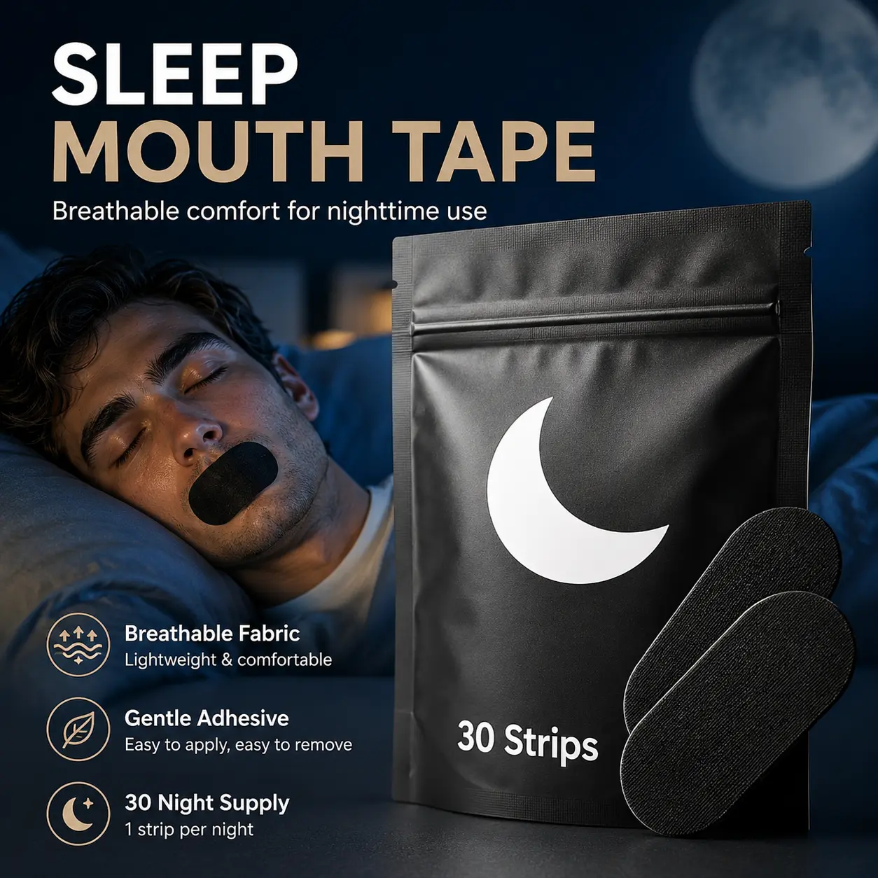 Unisex Breathable Cotton Sleep Mouth Tape for Adults - 30 Strips Sports Tape, Gentle Hypoallergenic Adhesive, No Sticky Residue, Nasal Breathing Aid for Lips, Home & Travel Use, One Size Accessory