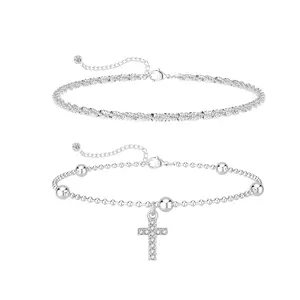 Chain Bracelet For Women Cross Pendant Chain Beaded Bracelet Exquisite Shining Cross Pendant Bracelet Birthday Mother Gift Religious Gifts For Women
