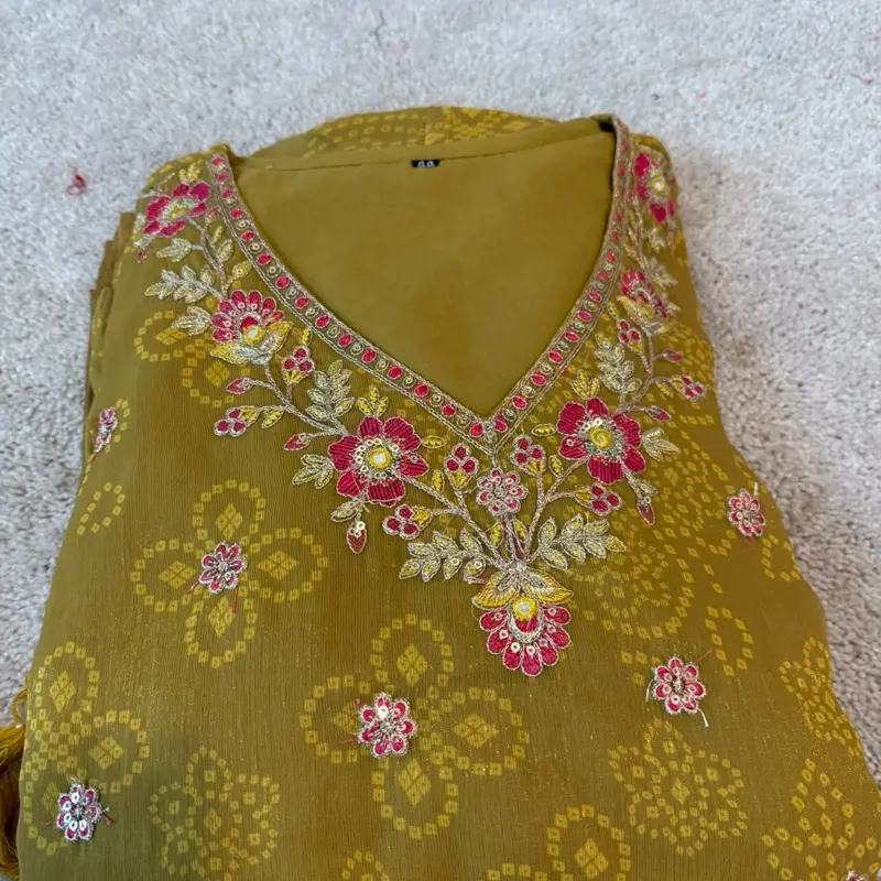 Mehendi Color Anarkali Suit - Casual Women's Wear with Floral Design and V-neckline - Womenswear