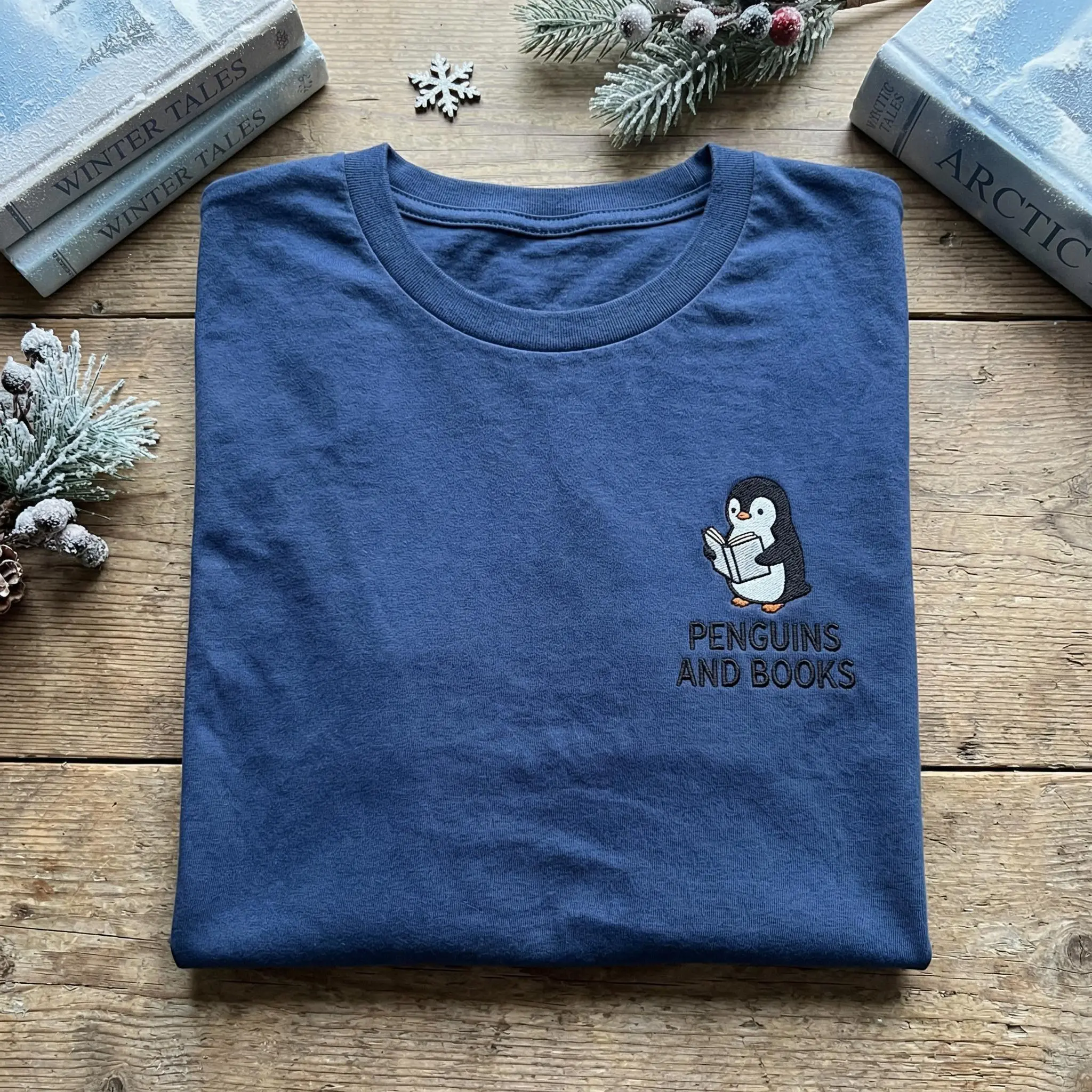 Embroidered Penguin and Books T-shirt, Reading Penguin Shirt, Cute Winter Animal Tee, Book Lover Gift, Librarian Shirt, Antarctic Bird Top