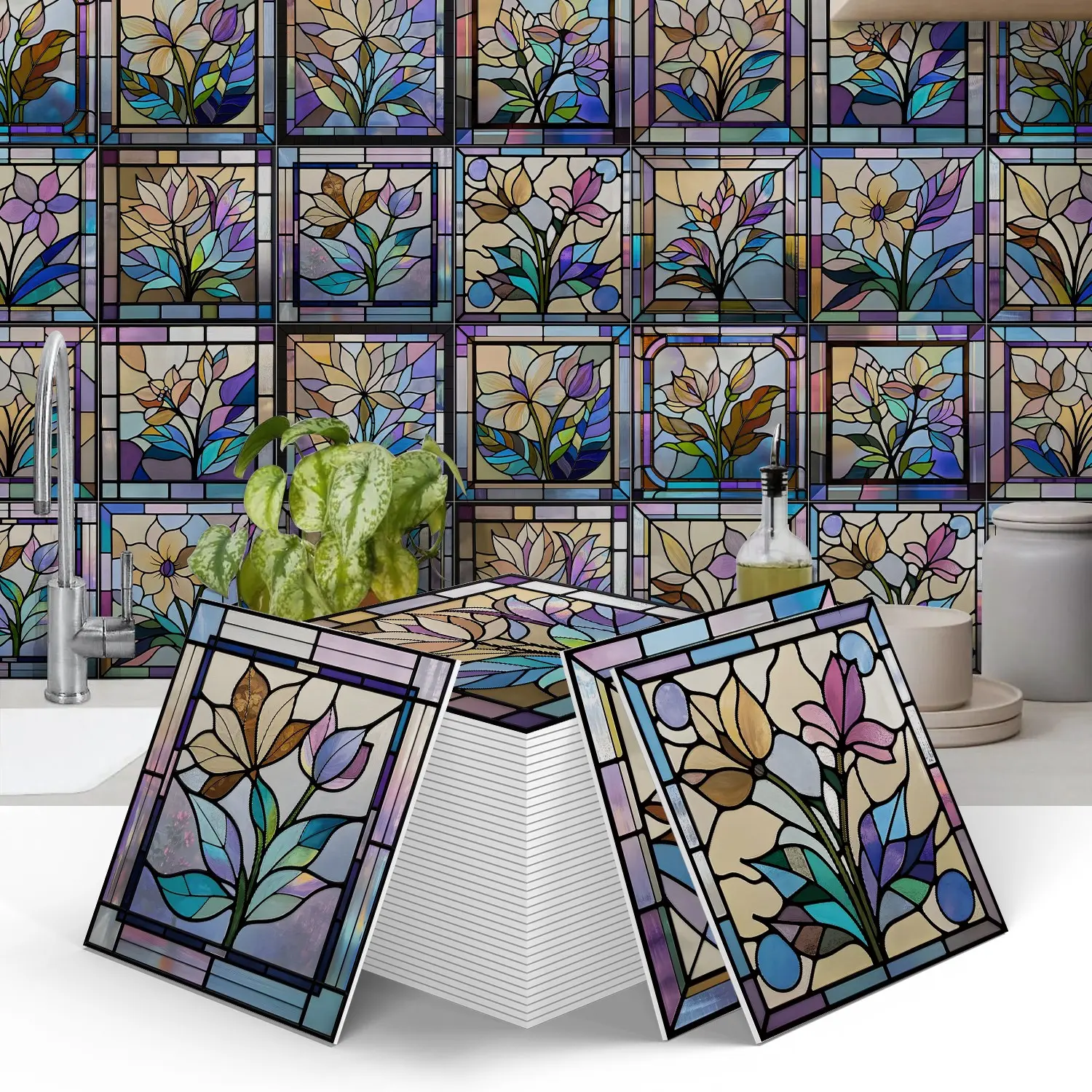 12/24PCS/Box ART PE Crystal Tile Stickers, Purple Stained Glass Floral, Waterproof Oil-Proof