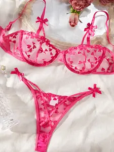 French Style Teenage Girl Floral Lace Mesh Ultra-Thin Bra Set, Sexy Underwire Backless Breathable Top, All Seasons Fitted Unlined Underwear Lingerie