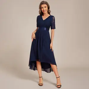 Ever-Pretty Half Sleeve Pleated V-Neck Lace Midi Wedding Guest Dress - Women's Comfortable Wedding Guest Dress - Womenswear 04489