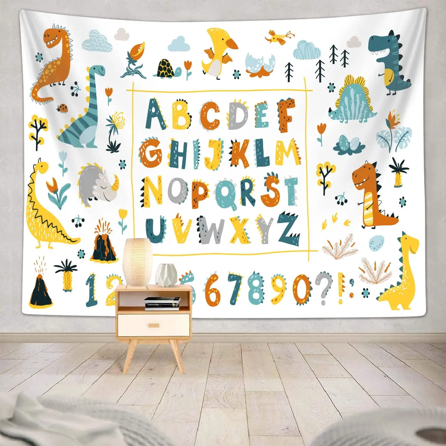 Peach Linen Alphabet Cloth Tapestry - Dinosaur Theme Digital Alphabet Print, Wrinkle Resistant Child-Safe ABC Learning Mat, 60x40in Multi-Size Photo-Worthy Kids Room Decor Home Supplies Classroom Wall Hanging