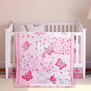3 Pieces Nursery Crib Bedding Set for Girls, Standard Size Bedding Sets with Comforter Fitted Sheet Crib Skirt(Pink)