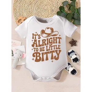 Infant IT'S ALRIGHT TO BE LITTLE BITTY Minimalist Letter Print Jumpsuit Faux Denim Hat Fashion Romper, for Outdoor