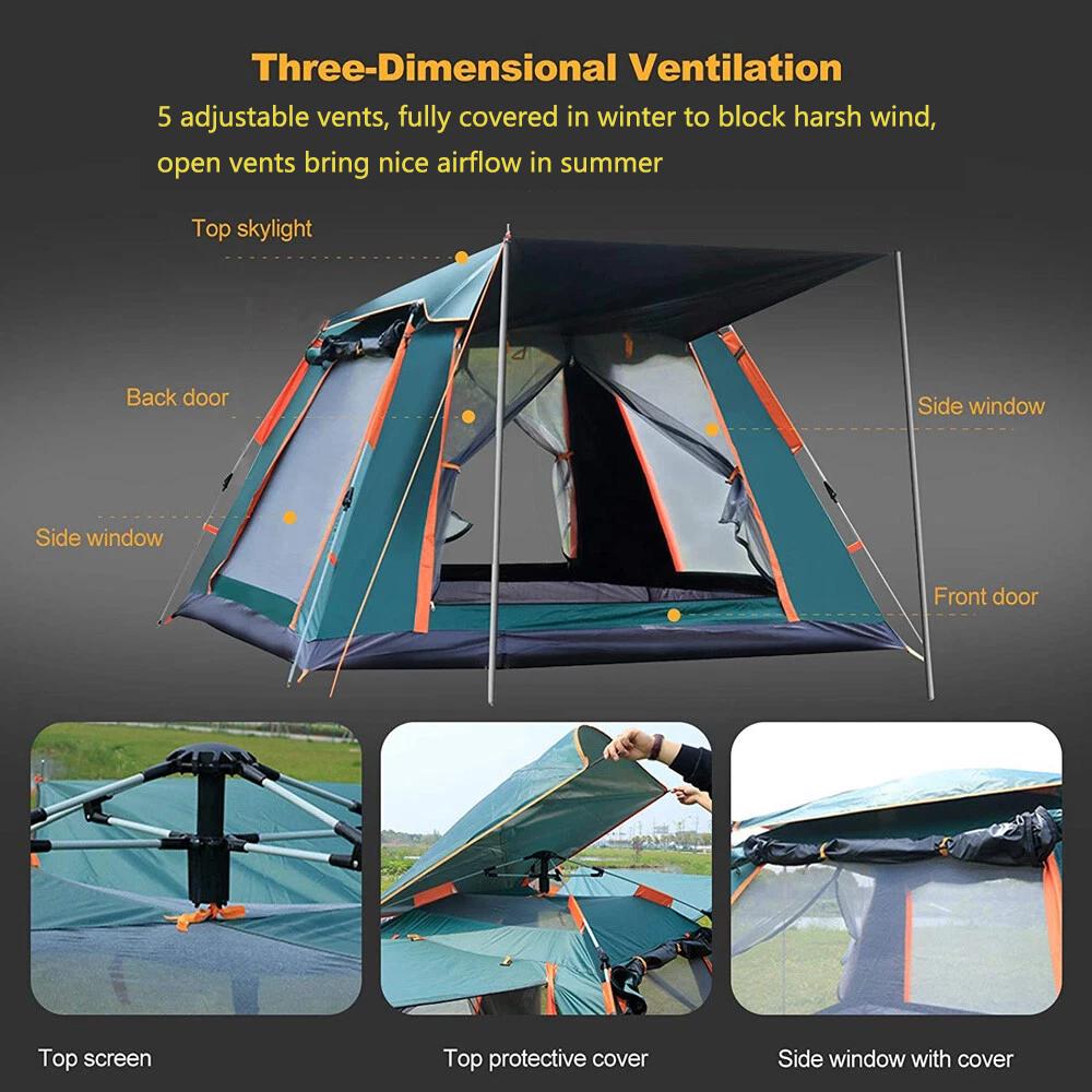 3-4 Person Automatic Pop Up Camping Tent, Portable Sun & Rain Resistant Outdoor Tent with 5 Adjustable Vents, Coverable Openings for Wind Block & Ventilation, Ideal for Hiking Picnic Beach      # family camp      Festival tent shade quiet canopy