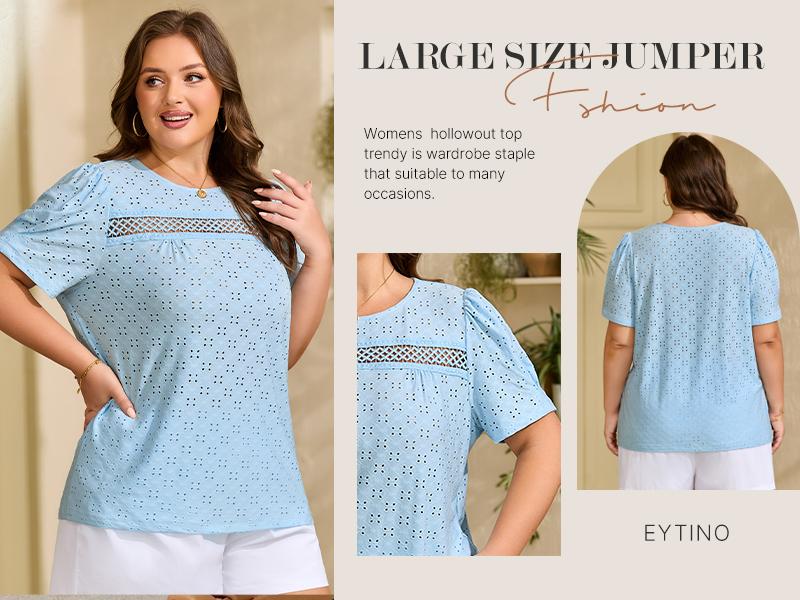 Eytino Plus Size Tops for Women Crewneck Puff Short Sleeve Summer Loose Casual Tshirts Blouse(1X-5X)