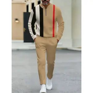 Men's Half Zip Contrast Striped Sweatshirt Set Business Casual Patchwork Sports Two-Piece Simple Versatile Men's Wear