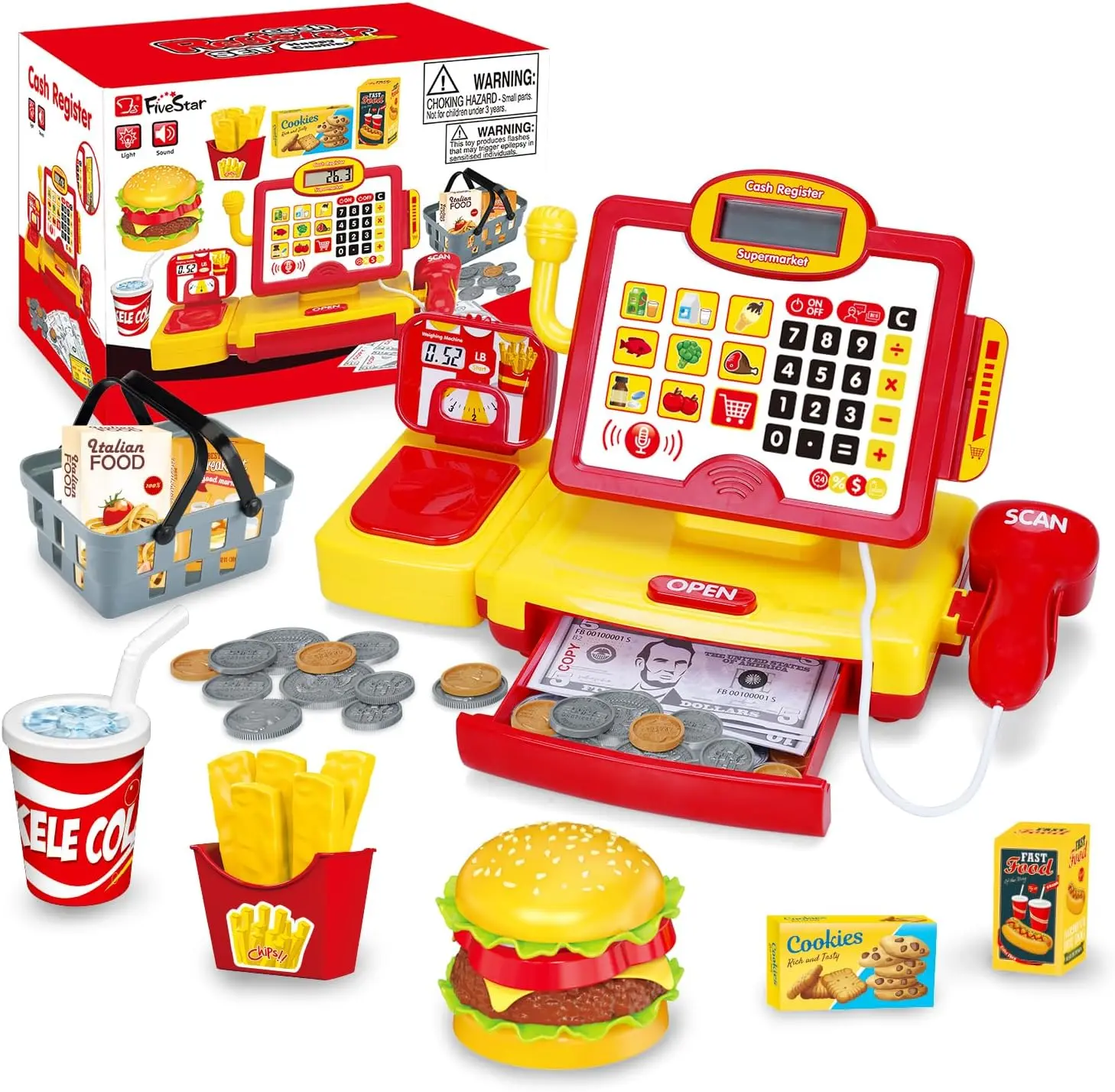 FS Toy Cash Register for Kids with Barcode Scanner & Working Calculator, Pretend Play for Toddlers 3-5 Grocery Store Shopping Playset, Kids Cash Register with Play Money for Boys and Girls 3-8