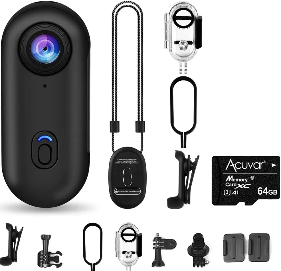 eDealz 64GB FHD 1080P Mini Body Camera Wearable Action Cam with 64GB Micro SD Card Hands-Free Recording Portable Camcorder for Pet Walking Work Travel