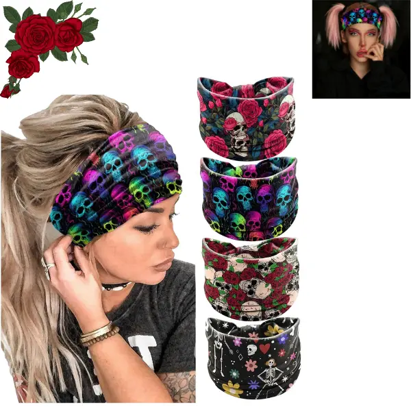 4PCS Halloween Skeleton Rose Headbands for Women, Wide Skull Head Wraps, Gothic Halloween Hair Accessories, Spooky Floral Headbands for Costume Party, Holiday Gift & Festive Party Accessories