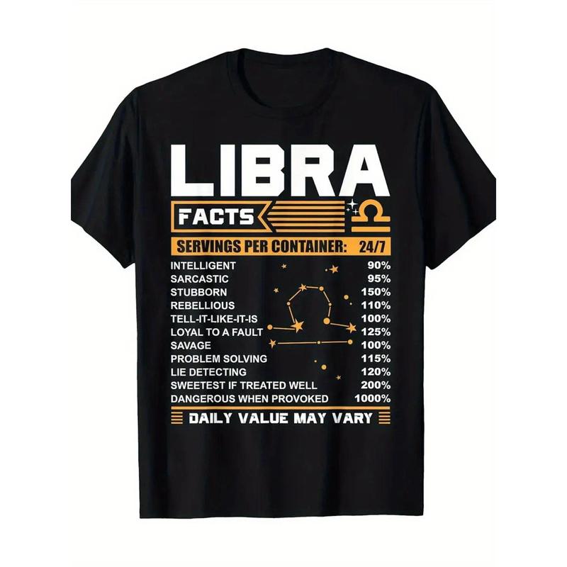 1pc Libra Zodiac Facts Printed T-Shirt - Cotton, Casual Street Sports Outdoor Crew Neck Tee, Breathable Moisture-Wicking, Slight Stretch, Flared Hem, Digital Heat Transfer, for Men & Teens, Four Seasons, double print oversize reggae tie dye