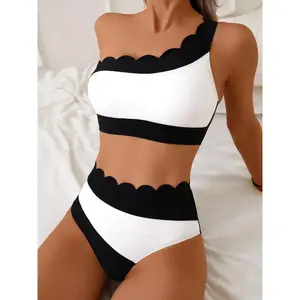 Women's Two-Piece Bikini Set with Petal Trim Design, Stylish Asymmetrical One-Shoulder Swimsuit for Beach Fashion, Perfect Swimwear for Summer, Swimsuit Style BikiniGift