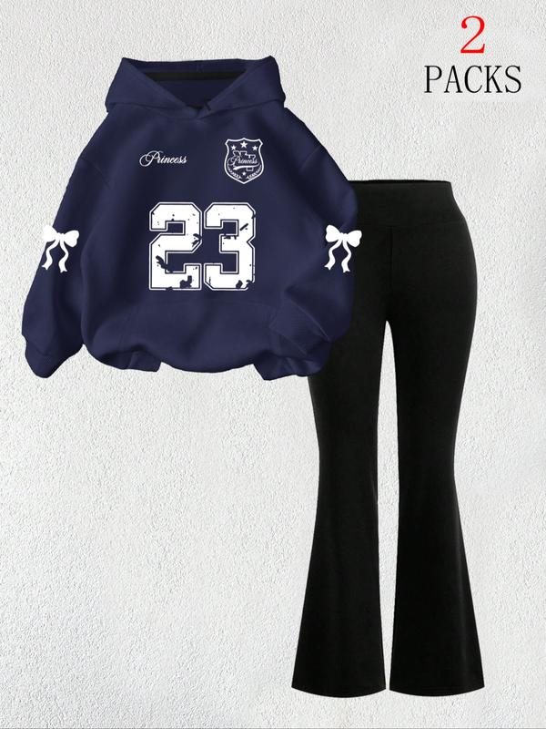 【FREE PERSOMALITY】Women's Warm Sweatshirt Set + Slim Fit Flare Pants, Casual Butterfly Print, Kangaroo Pocket, Fall & Winter