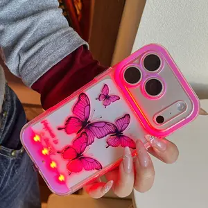 Vibrant LED Purple Butterfly Phone Case, compatible with iPhone 11/12/13/14/15/16/17 Pro/Pro Max/Plus, dreamy purple butterfly style, fashionable protective cover, uniquely designed for daily use, protective shell, Casing