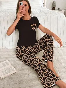 Women's Animal Print Pajama Set, Leopard Print Pajamas, Short Sleeve Round Neck Top & Elastic Waist Pants, Casual Home Wear, Summer Sleepwear, Loungewear