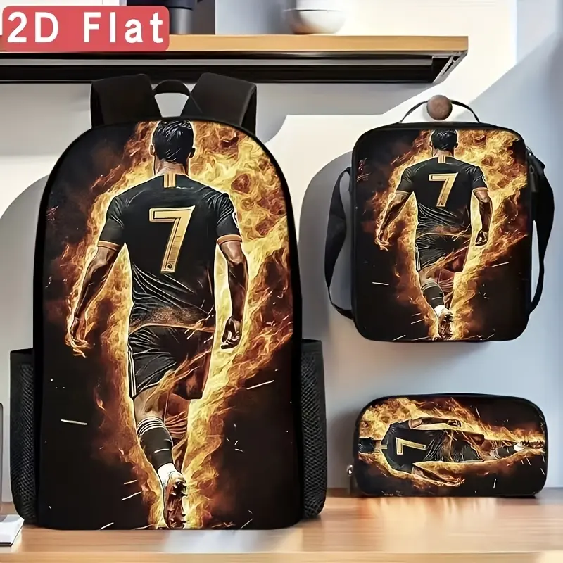 Fiery No.7 Soccer Star 3-Piece Backpack Set, Black Jersey Football Player Print School Bag + Lunch Bag + Pencil Case, Oxford Cloth Adjustable Strap Daypack for Sports Fans