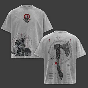 Kratos God of War T-Shirt, Vintage Washed  Graphic Tee, Spartan Warrior Axe Print, Double Sided Front & Back Design, Heavy Cotton Anime Streetwear Shirt, Dark Aesthetic Retro Unisex Top, Gift for God of War Fans