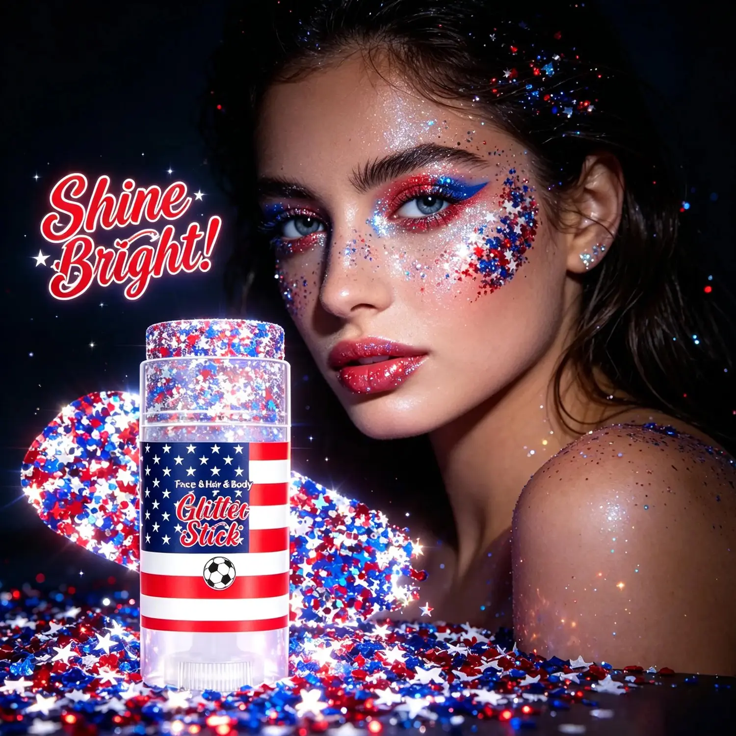 4th of July Glitter Stick - Waterproof Long-Lasting Glide-On Gel Glitter Cosmetic, Red White & Blue Body and Hair Sparkle, No Glue Needed, All Skin Types for Patriotic Parties, Festivals Makeup, 4Th Of July Body Glitter, Sparkly Makeup