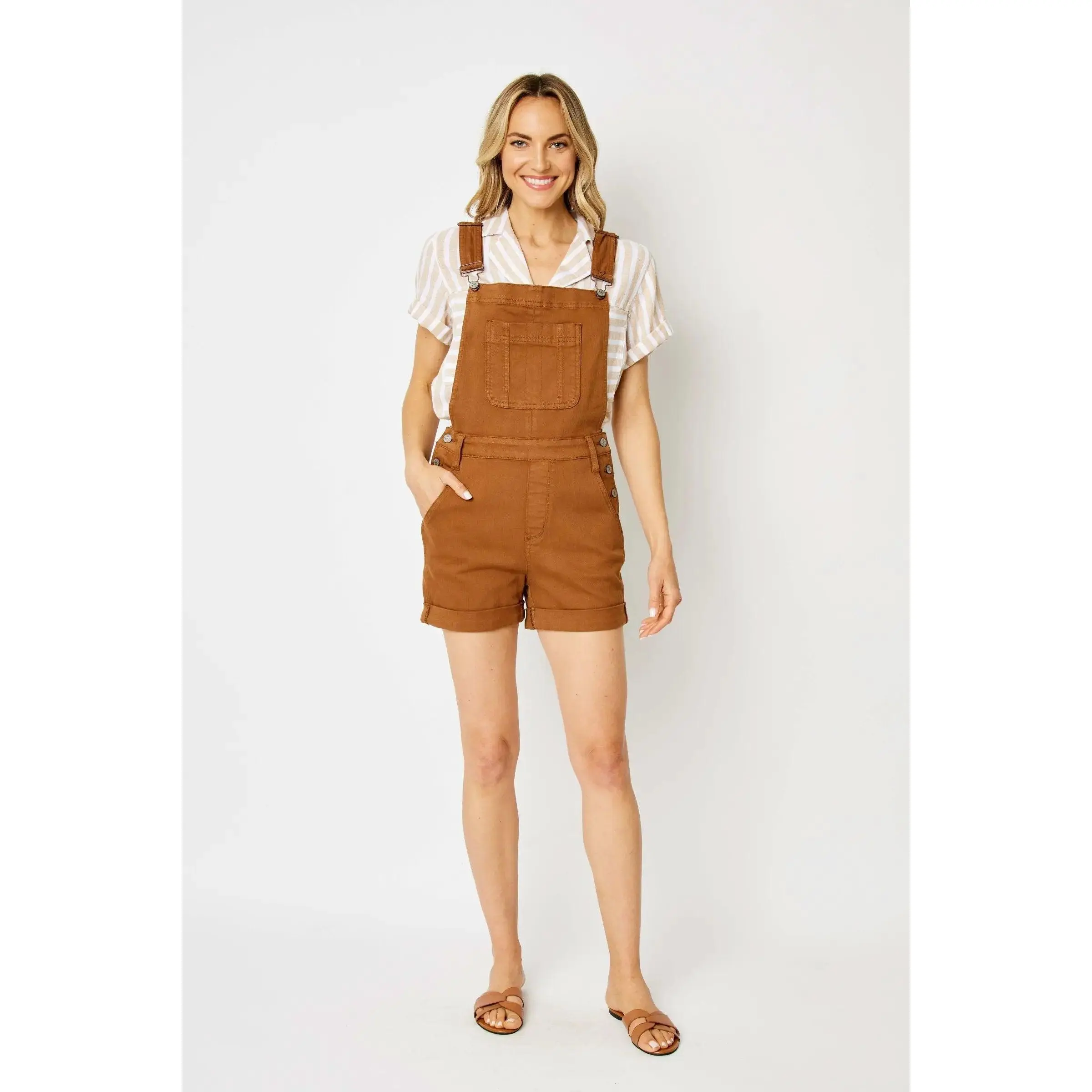 Judy Blue High Waisted Garment Dyed Destroyed Cuffed Brown Overall Shorts