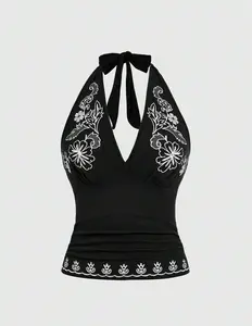ZESTY NOX Gothic Style Women's Vintage Hippie Floral Embroidered All-Match Halter Neck Tank Top, Versatile