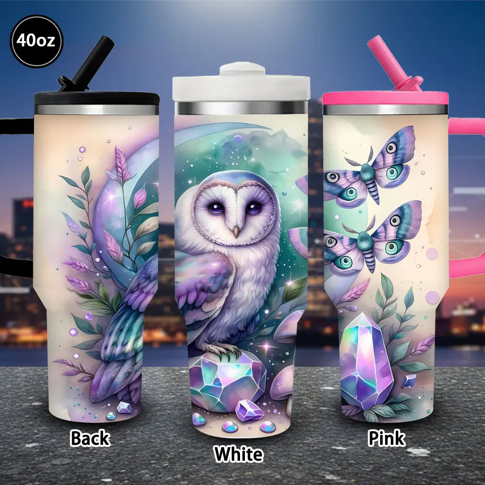 1 pc 40 oz Fantasy Magical Owl & Crystals Insulated Travel Flask with Lid and Straw, Winter Kitchenware Drinkware, Ideal Gift for Women, Iced/Hot Coffee Cup (Valentine’s Day, Birthday Gifting), Flasks