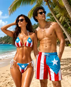 Puerto Rico Flag Triangle Bikini Set for Women, Tie Side String Swimsuit, Tropical Beach Swimwear, Sexy Summer Vacation Bikini Outfit