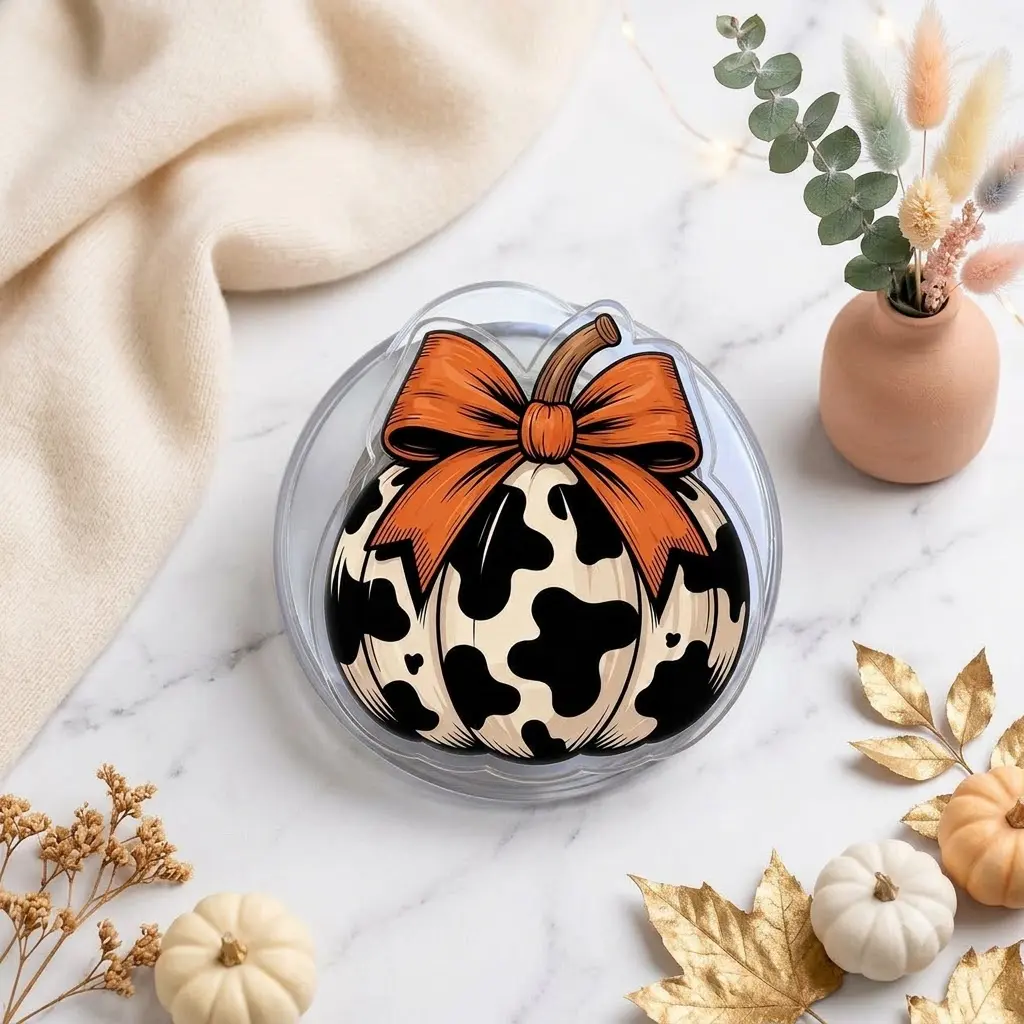 Cow Print Pumpkin MagSafe Phone Grip, Orange Bow Fall Mobile Stand Kickstand, Western Autumn Phone Holder, Cute Reader Gift For Her