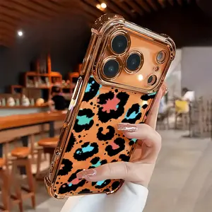 Color blocking leopard print design, four corner anti drop and anti slip TPU full body lens electroplated phone protective case, suitable for iPhone 17, 16, 15, 14, 13, 12, 11 XS X and other series models, can be given as a gift to friends or family