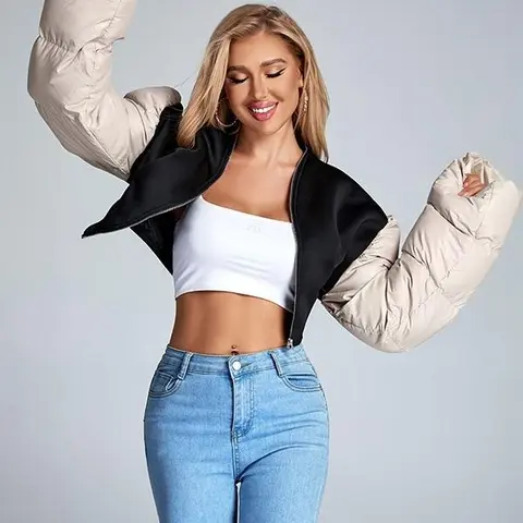 Women's Chic V-Neck Spandex-Blended Fabric Coat - Cozy Contrast-Color Zipper-Down Long-Sleeve Casual Outerwear Jacket