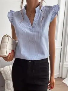 Women's Striped Ruffle Ruffled Cap Sleeve Shirt Blouse Top, Casual Summer Daily Wear, Casual Cute, Fitted Short Top, All Seasons Fashion, Comfortable and Stylish, Casual Elegant Classy, Casual Blouse Shirts